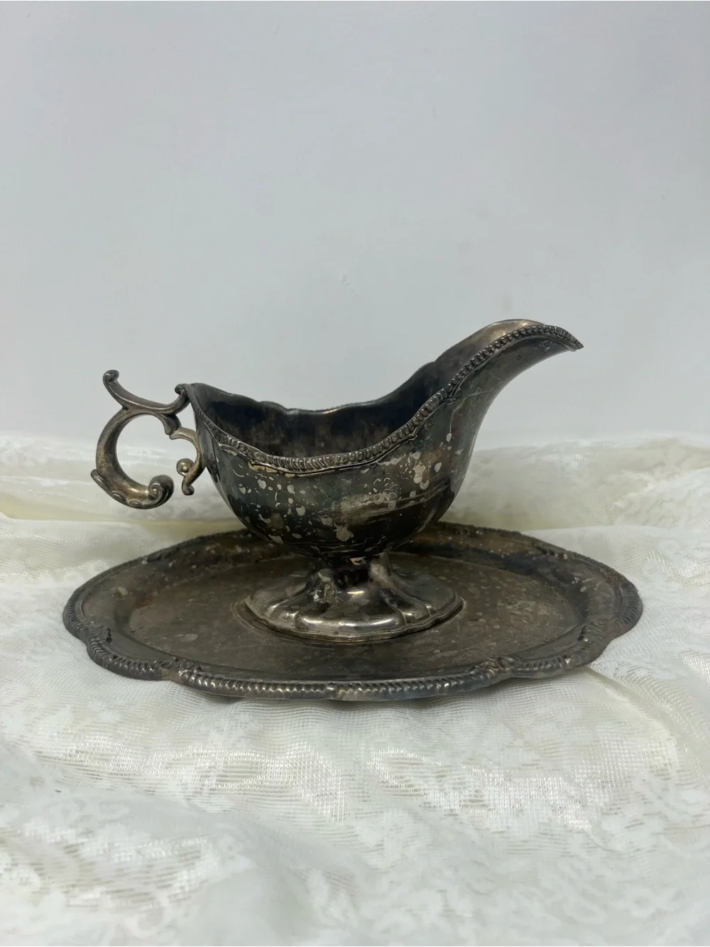 Vintage Silver Plated Gravy Boat with Matching Tray in Patina